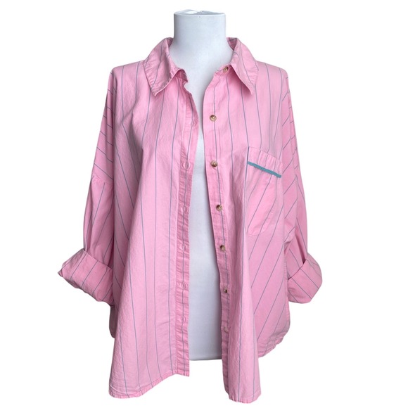 ANTHROPOLOGIE Oversized Stripe Button Down Shirt SZ S Pink Teal Preppy Boyfriend - Picture 5 of 11